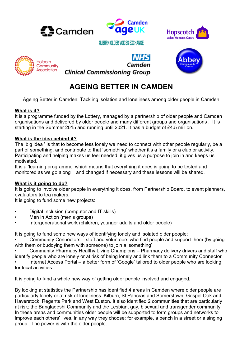 Ageing Better in Camden: Tackling Isolation and Loneliness Among Older People in Camden