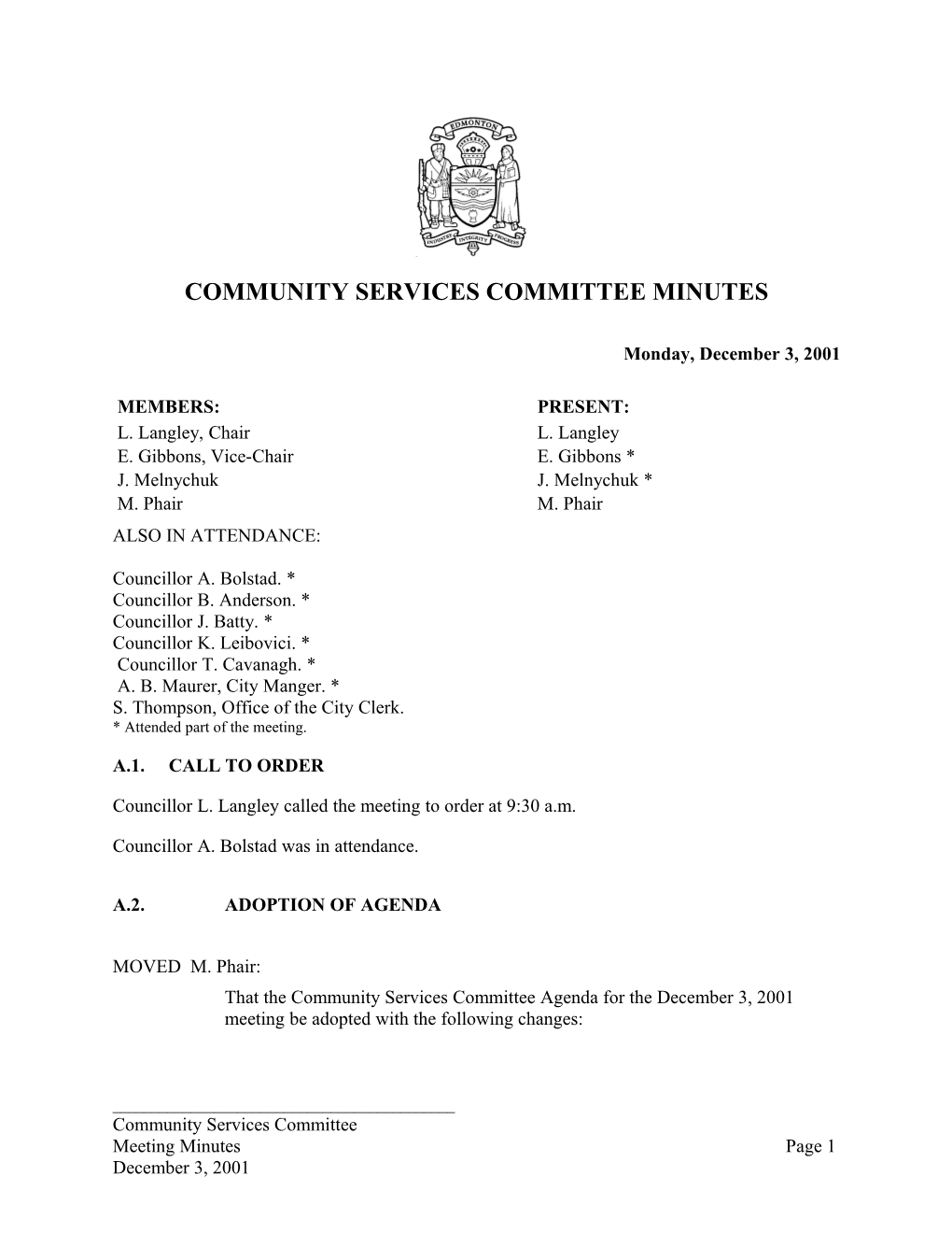 Minutes for Community Services Committee December 3, 2001 Meeting