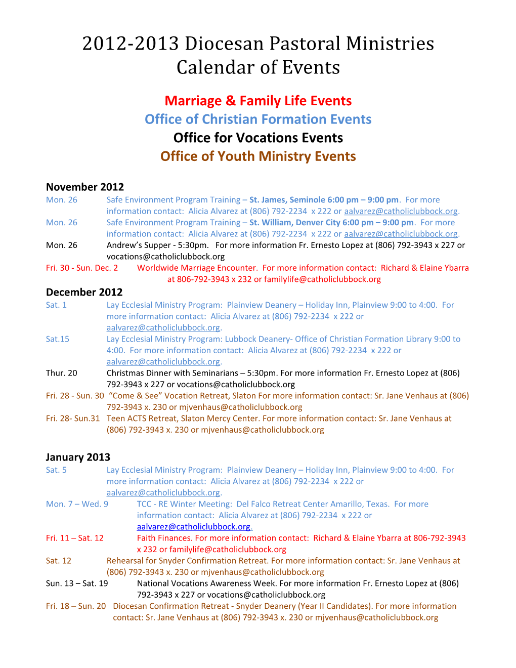2012-2013 Diocesan Pastoral Ministries Calendar of Events