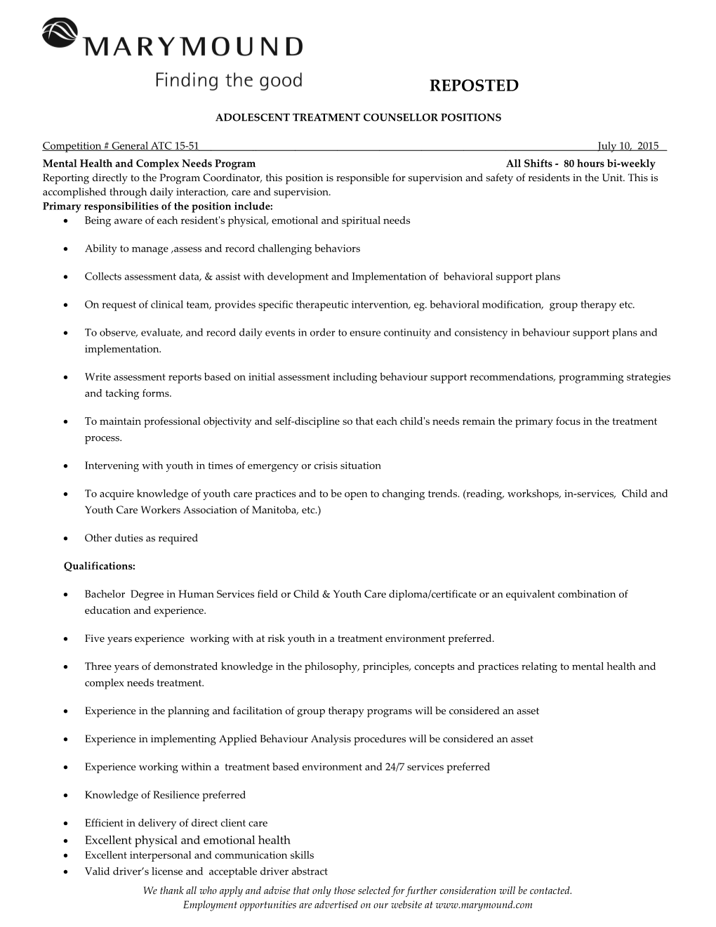 Adolescent Treatment Counsellor Positions