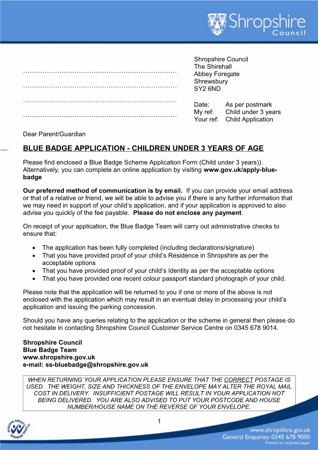 Blue Badge Application - Children Under 3 Years of Age