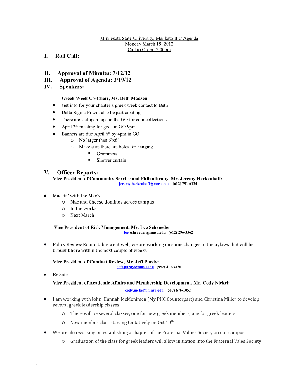 Minnesota State University, Mankato IFC Agenda s1