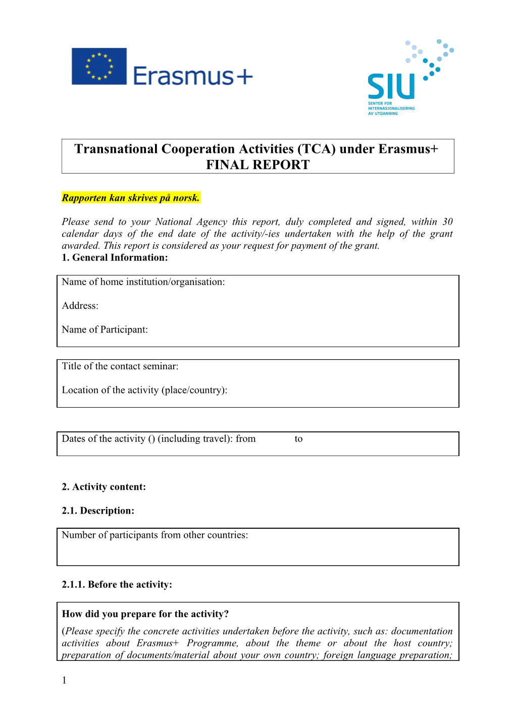 Transnational Cooperation Activities (TCA) Under Erasmus+