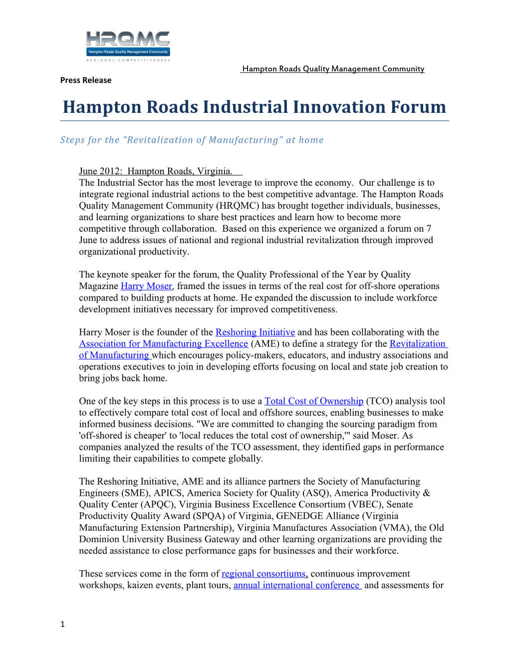 Hampton Roads Industrial Innovation Forum