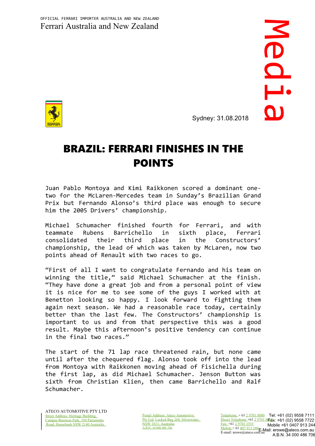 Brazil: Ferrari Finishes in the Points