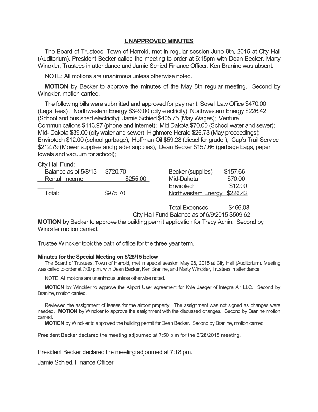 The Board of Trustees, Town of Harrold, Met in Regular Session April 1, 2002 at 7:00 P