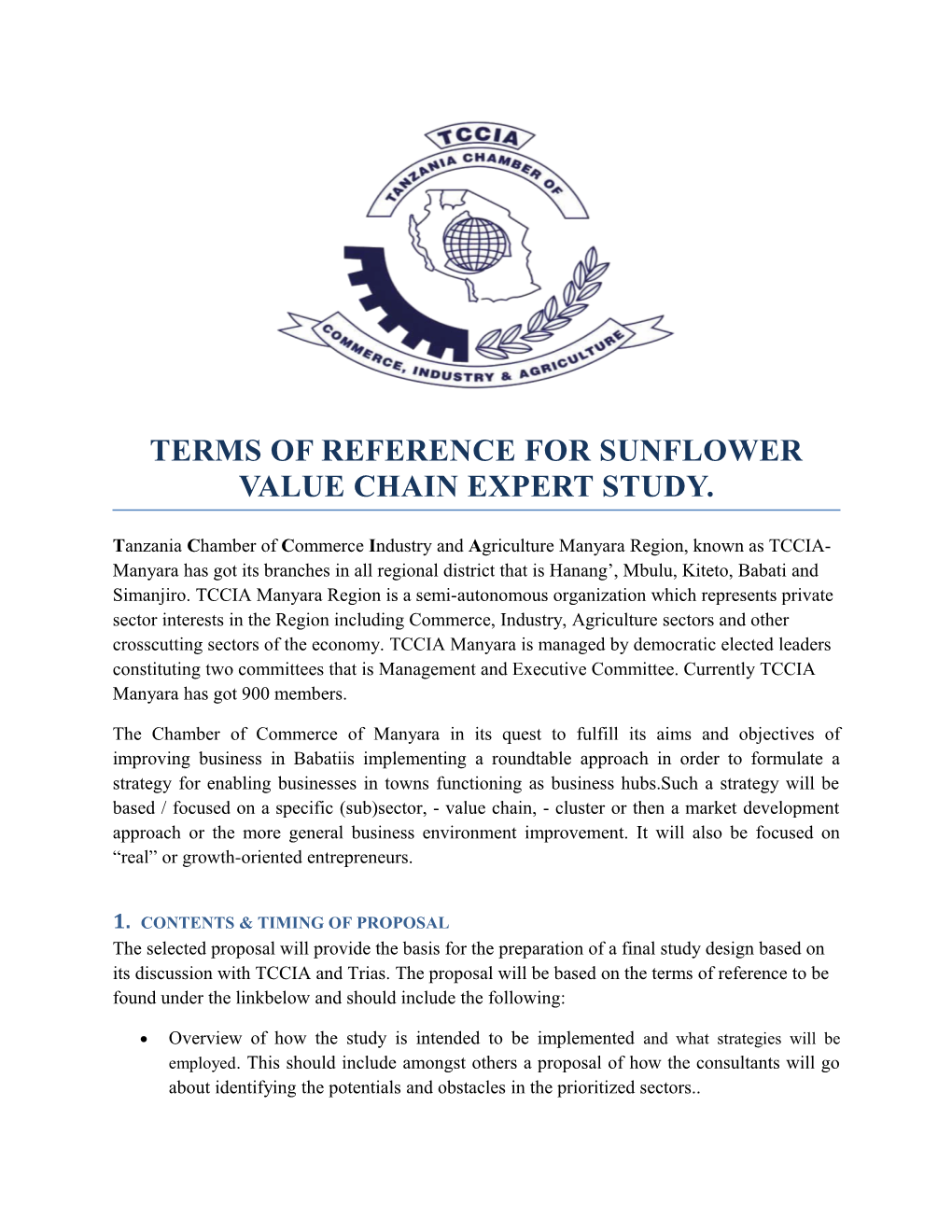 Terms of Reference for Sunflower Value Chain Expert Study