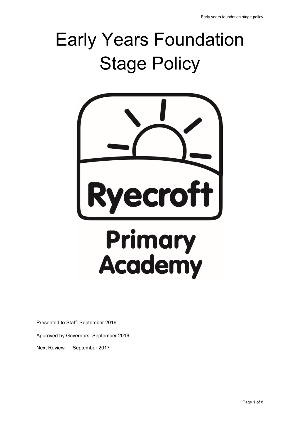 Early Years Foundation Stage Policy