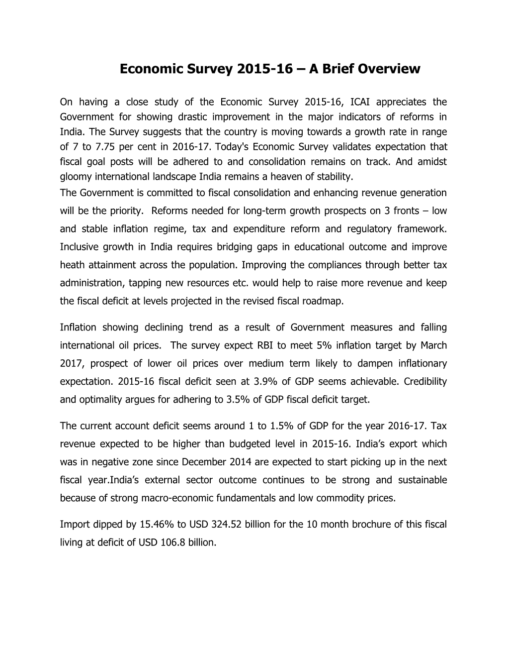 Economic Survey 2015-16 a Brief Overview