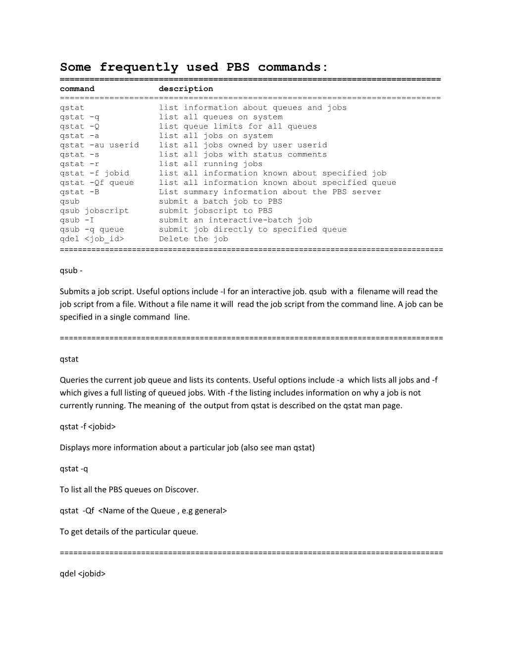 Some Frequently Used PBS Commands