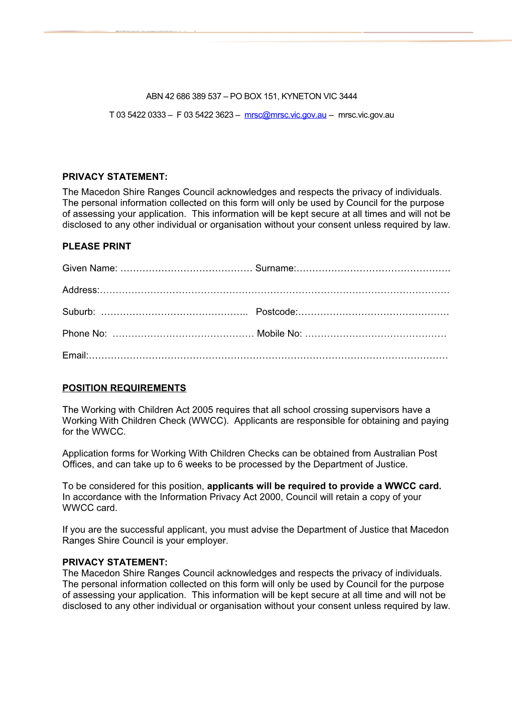 Key Selection Criteria Form - Crossing Supervisor