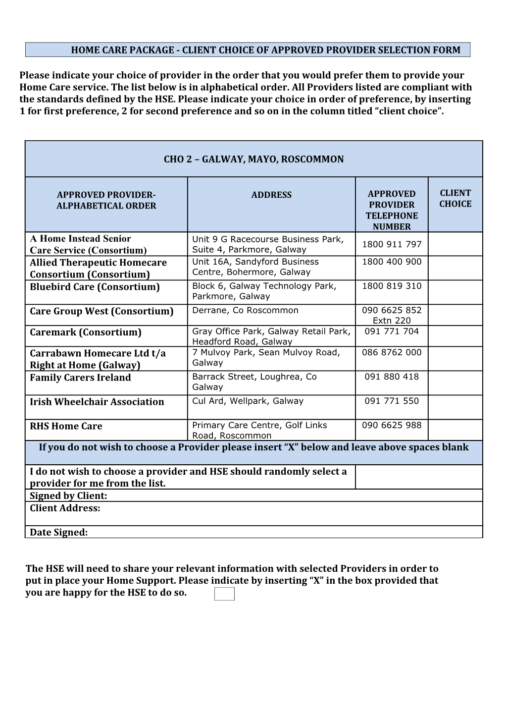 Home Care Package - Client Choice of Approved Provider Selectionform