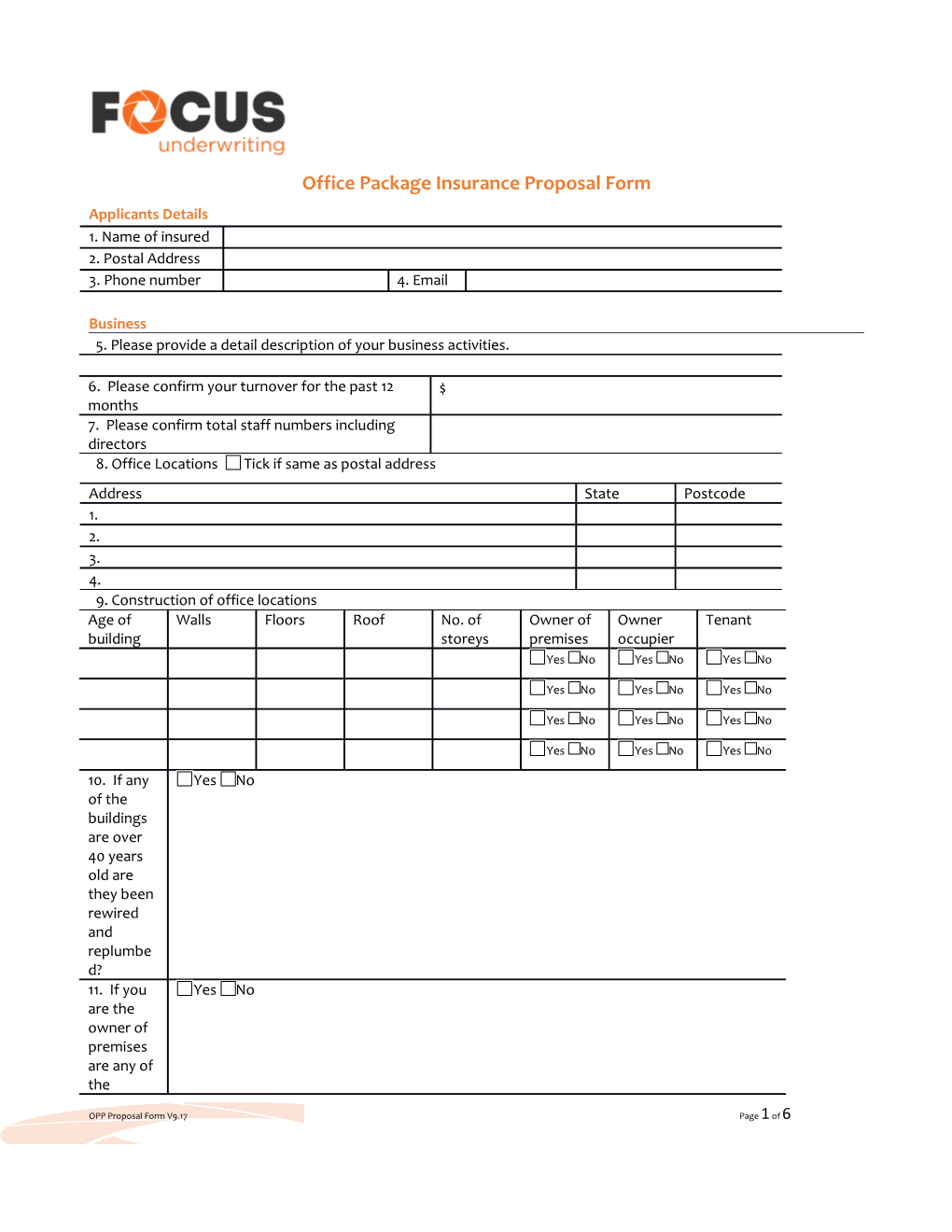 Office Packageinsurance Proposal Form