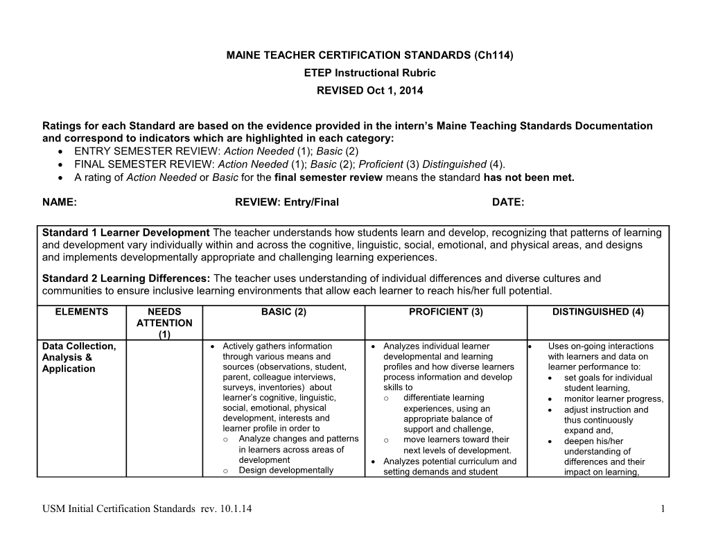 MAINE TEACHER CERTIFICATION STANDARDS (Ch114)