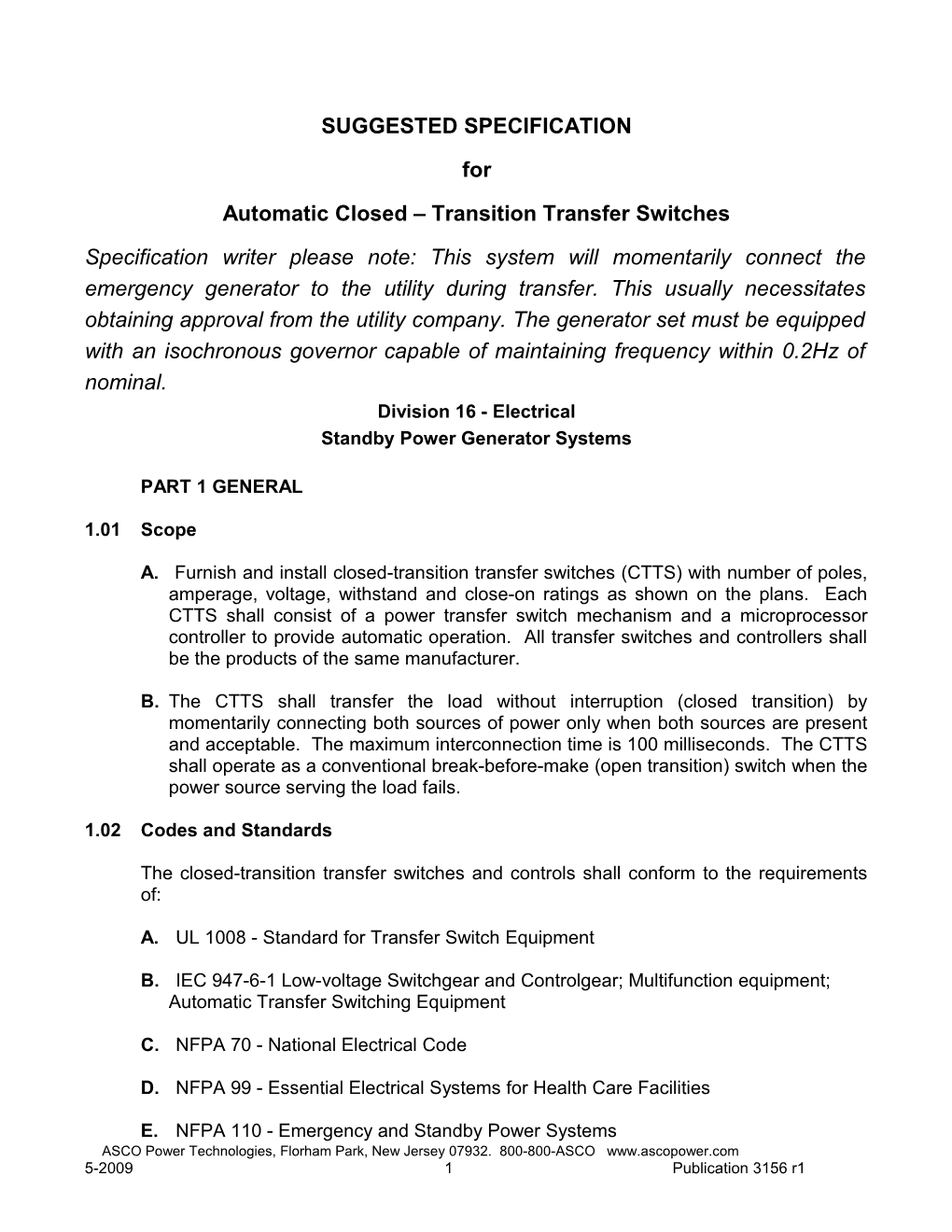 ASCO 4000 SUGGESTED SPECIFICATION for Automatic Closed - Transition Transfer Switches (Pub 3156)