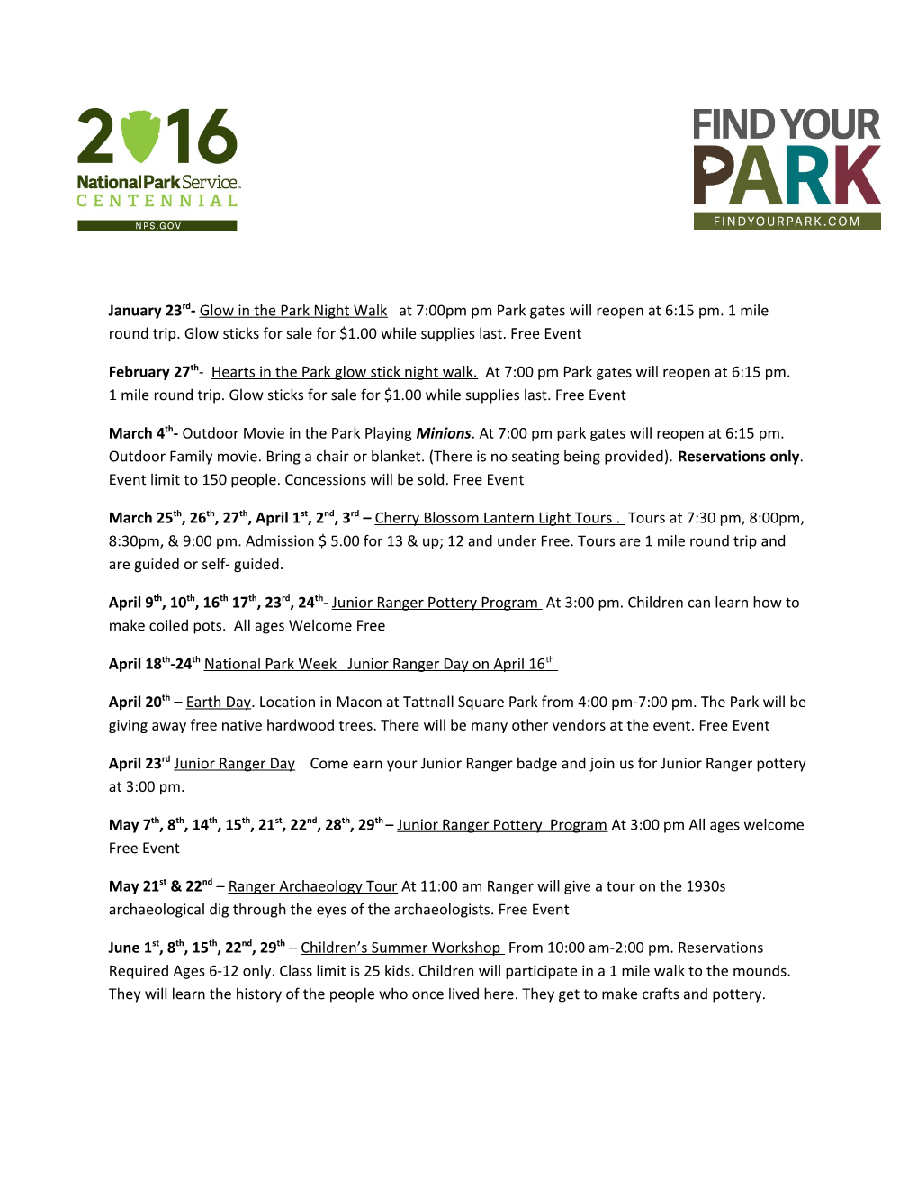 January 23Rd- Glow in the Park Night Walk at 7:00Pm Pm Park Gates Will Reopen at 6:15 Pm