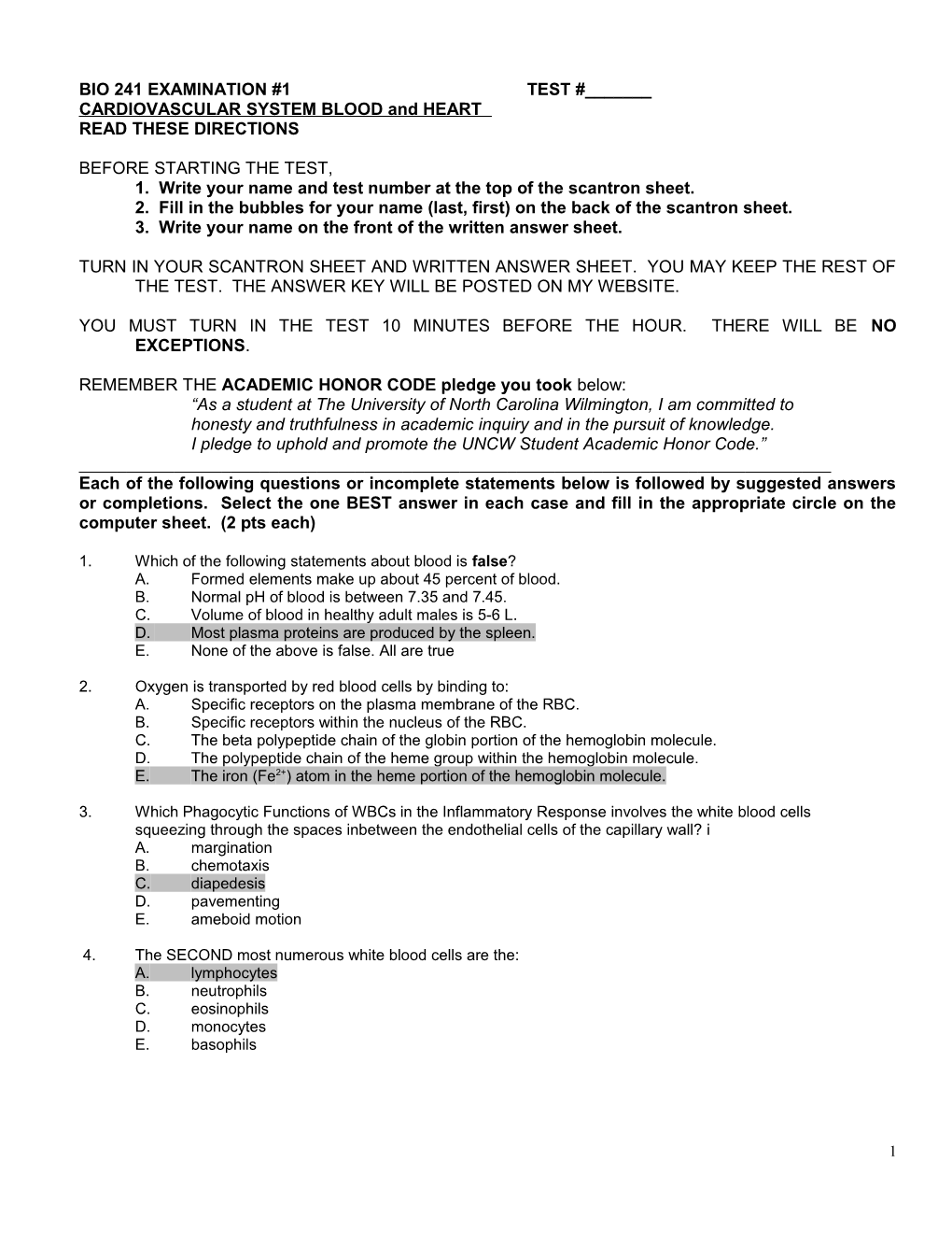 Bio 241 Fall 2009 Examination #1