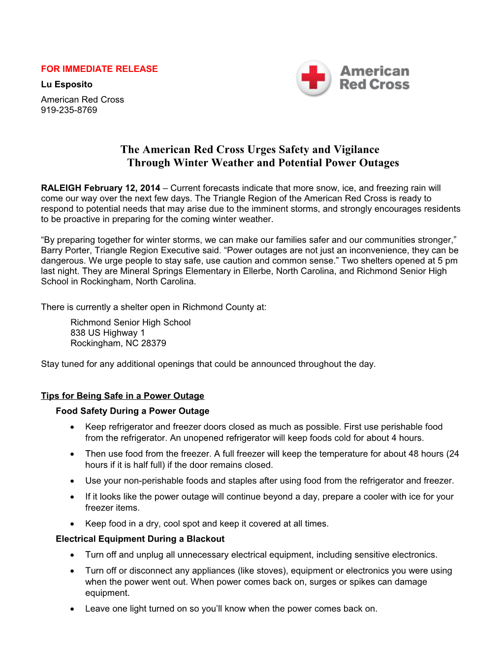 The American Red Cross Urges Safety and Vigilance Through Winter Weather and Potential