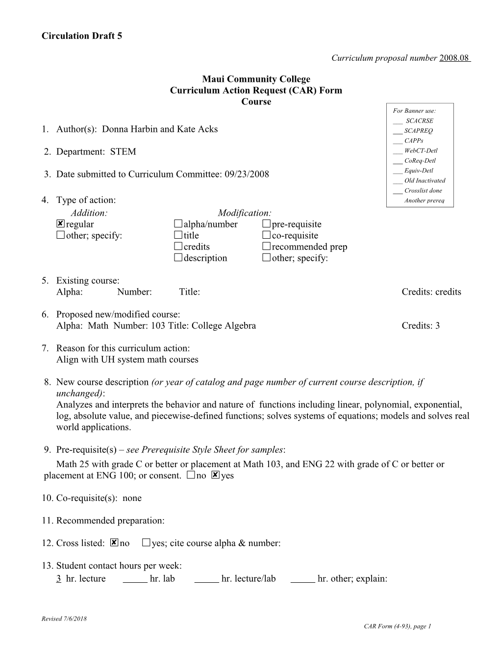 Curriculum Proposal Number 2008 s1