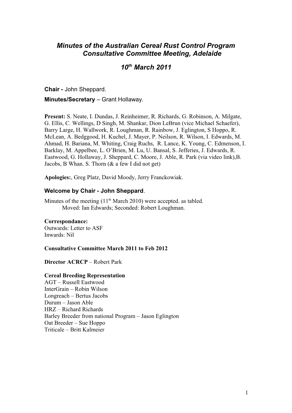 Minutes of the Australian Cereal Rust Control Program Consultative Committee Meeting, Adelaide
