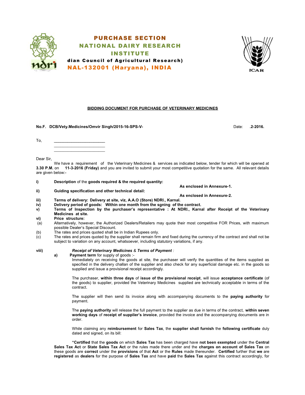 Bidding Document for Purchase of Veterinary Medicines