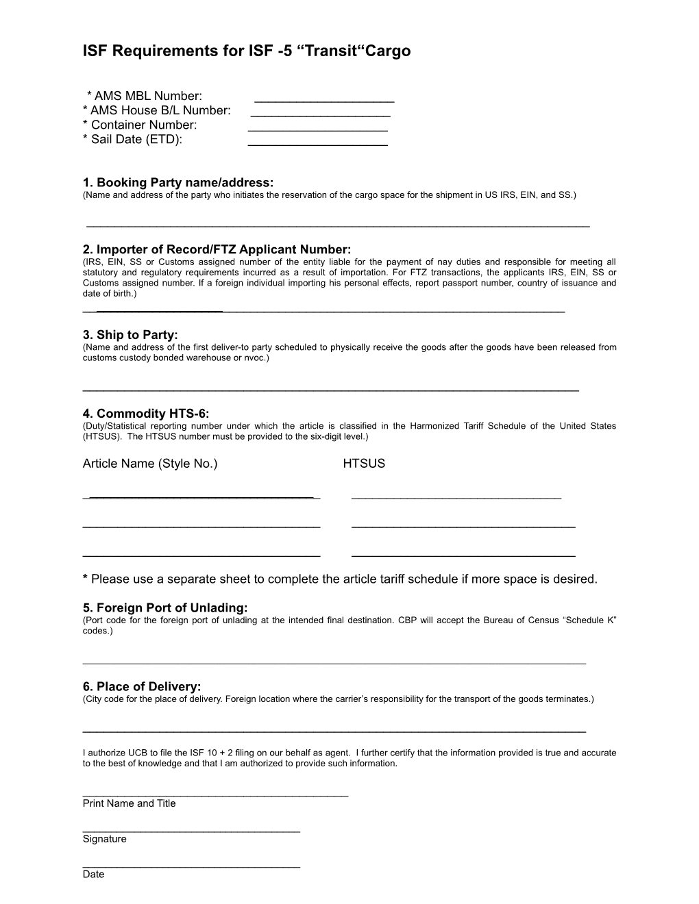 ISF Requirements for ISF -5 Transit Cargo