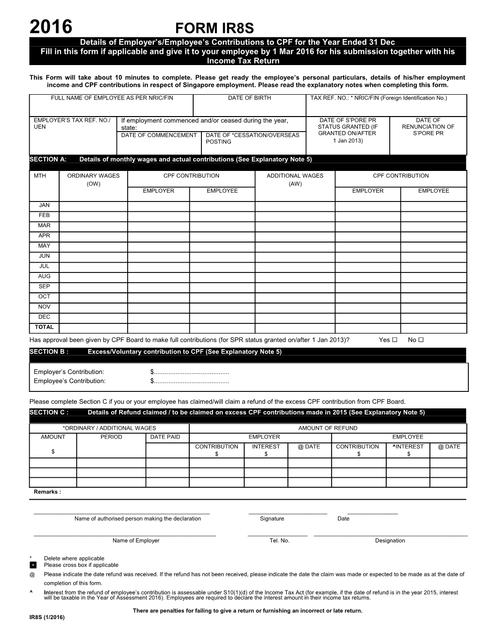 Details of Employer S/Employee S Contributionsto CPF for the Year Ended 31 Dec2015