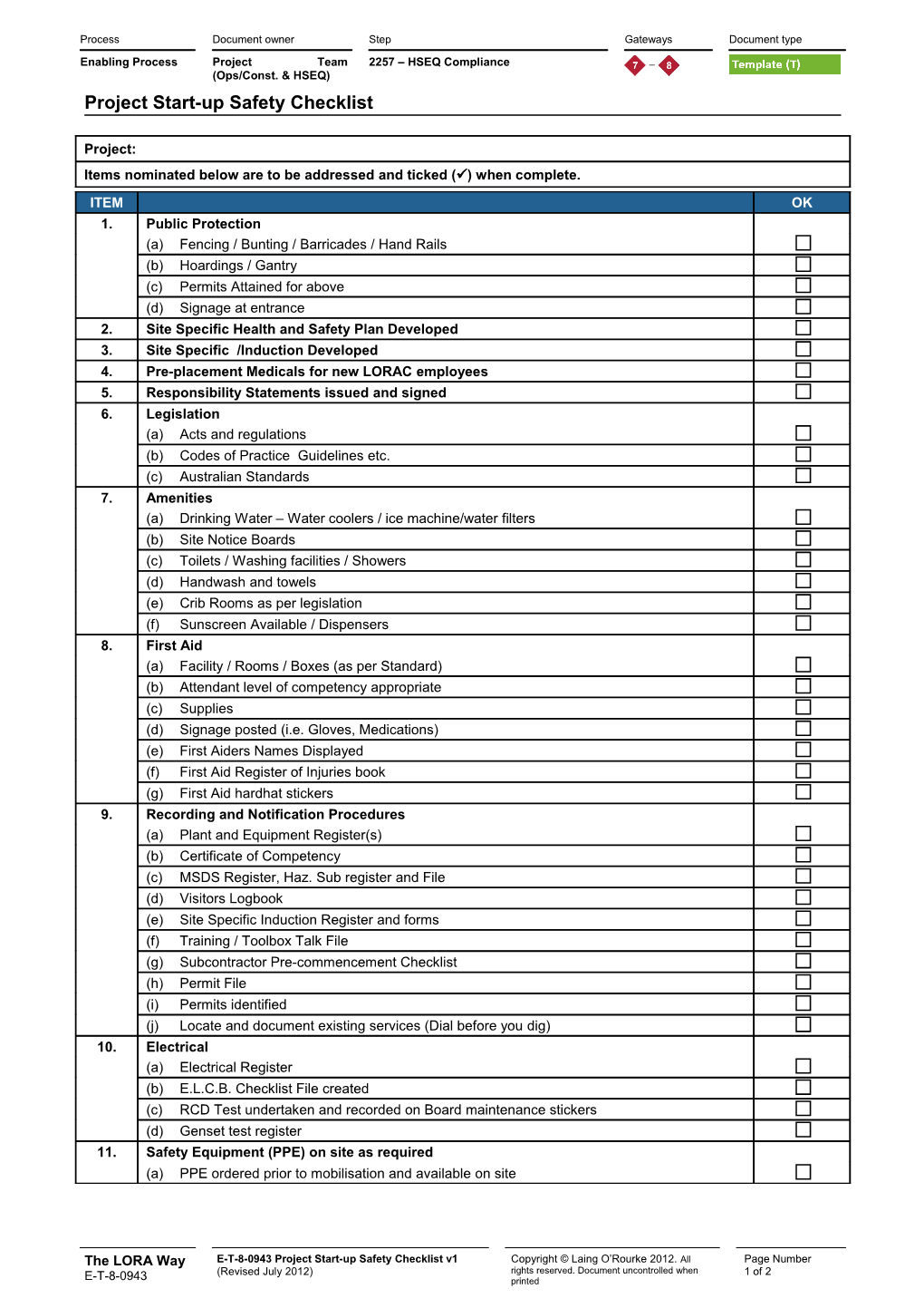 E-T-8-0943 Project Start-Up Safety Checklist