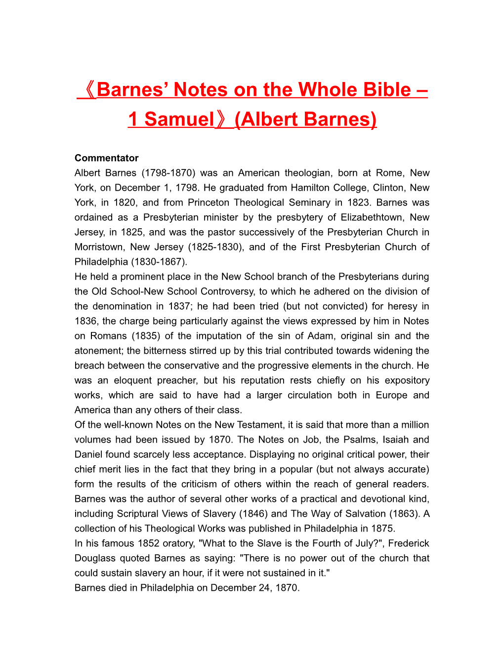 Barnes Notes on the Whole Bible 1 Samuel (Albert Barnes)