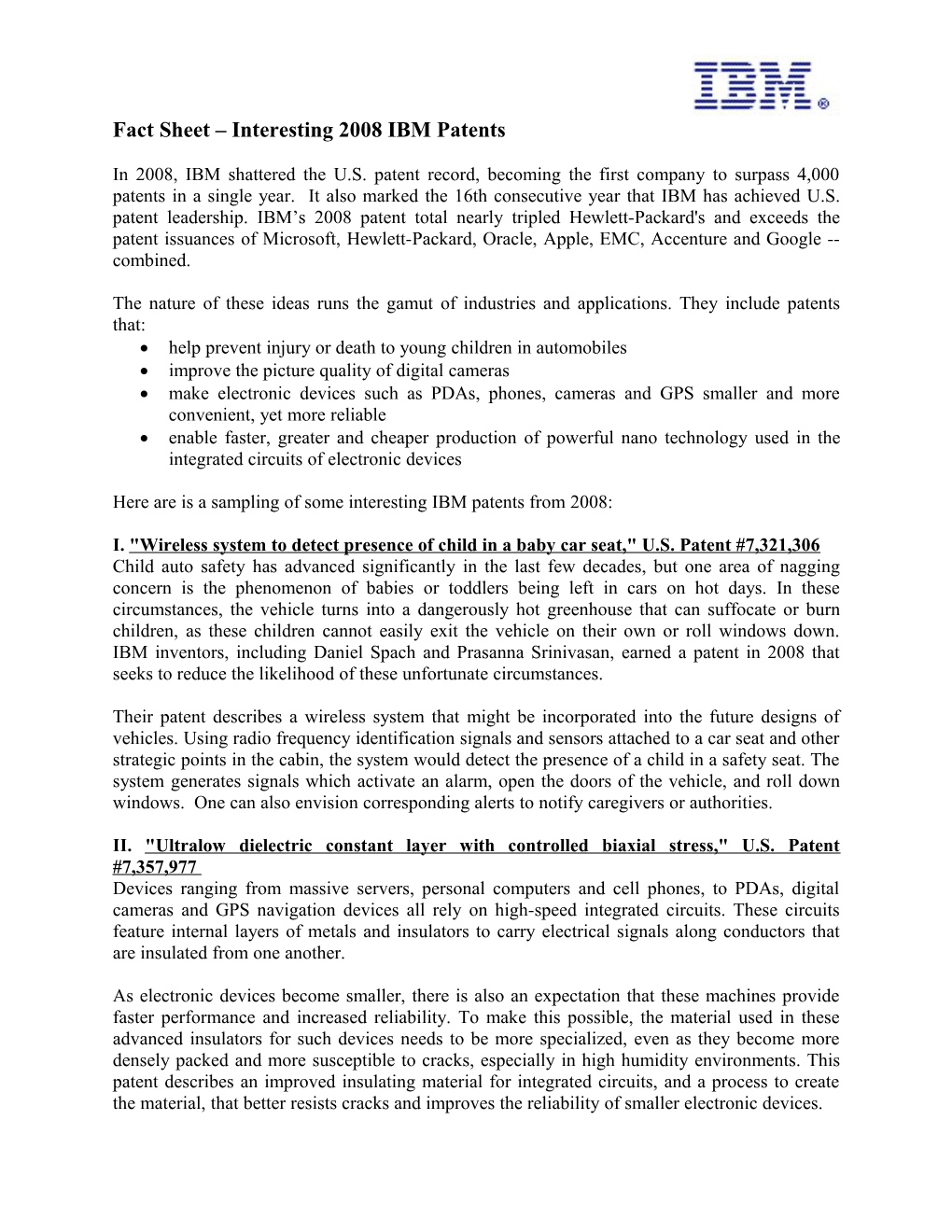 Fact Sheet - Top Six 2008 IBM Patents