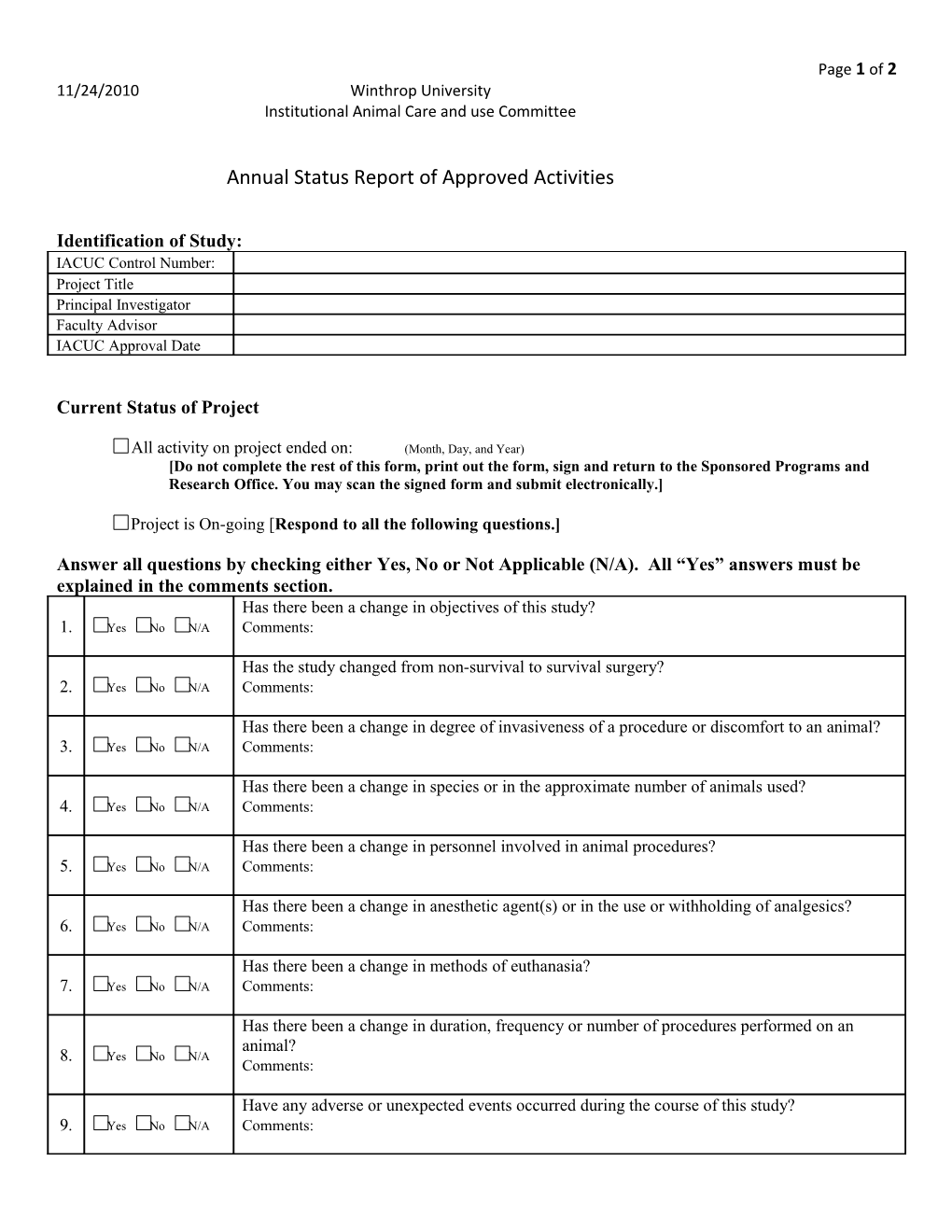 Institutional Animal Care and Use Committee Annual Status Report of Approved Activities
