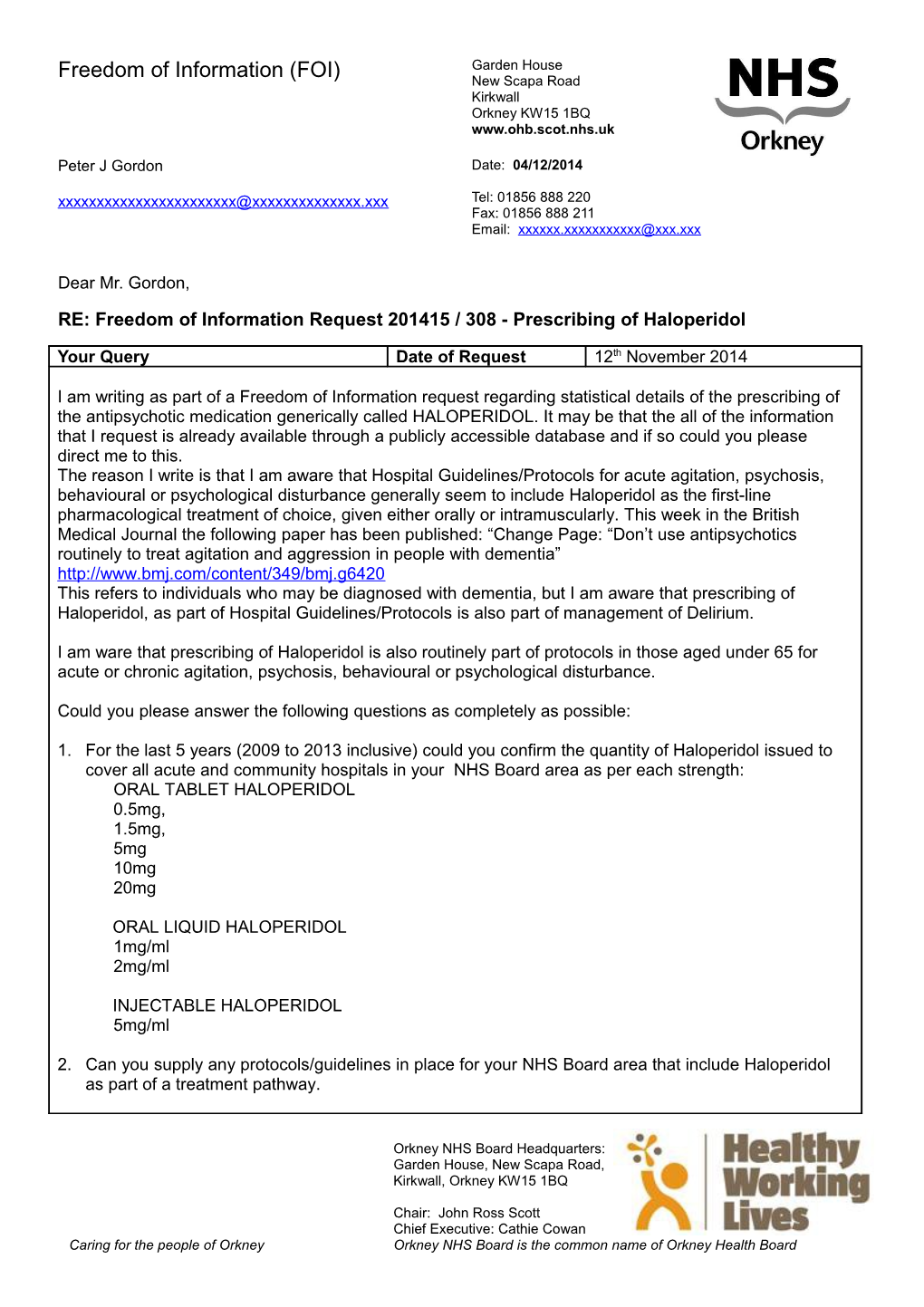 RE: Freedom of Information Request 201415 / 308 - Prescribing of Haloperidol