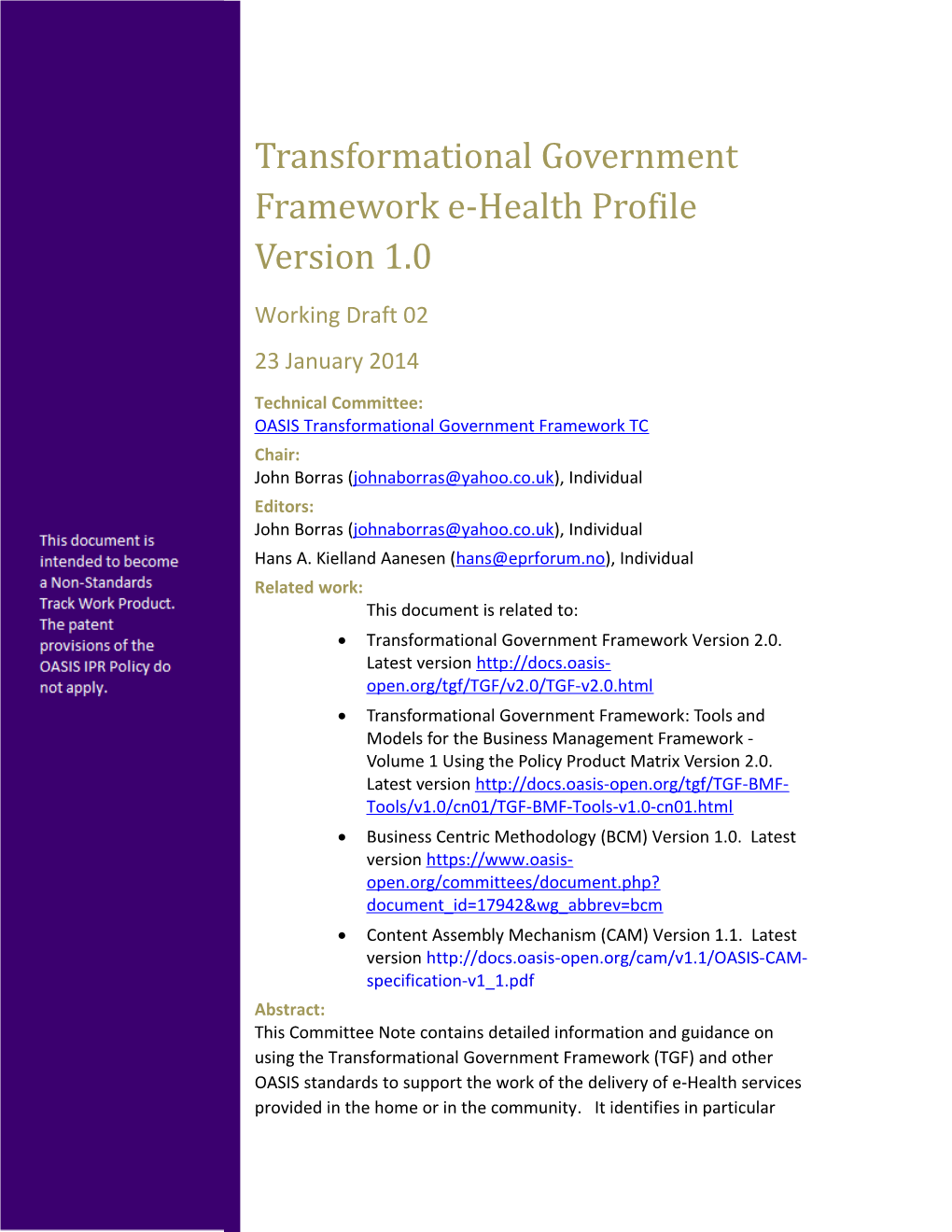 Transformational Government Framework E-Health Profile Version 1.0