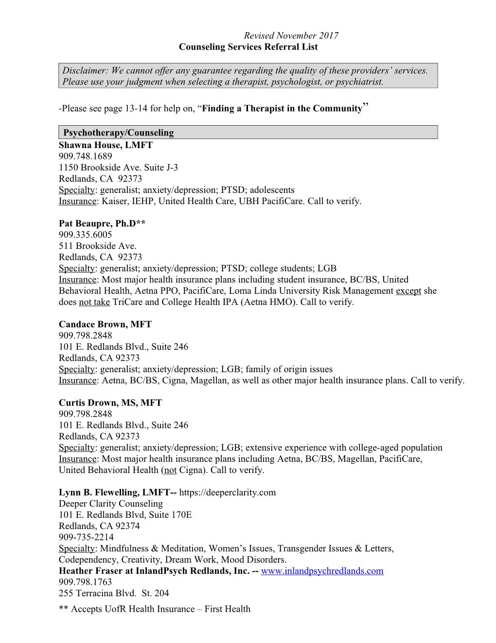 Counseling Services Referral List