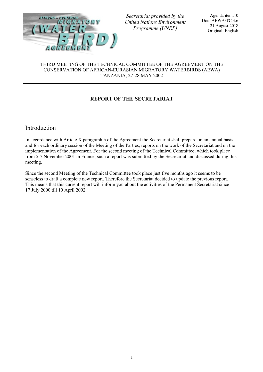 Establishment of the Standing Committee for the Agreement on the Conservation Of