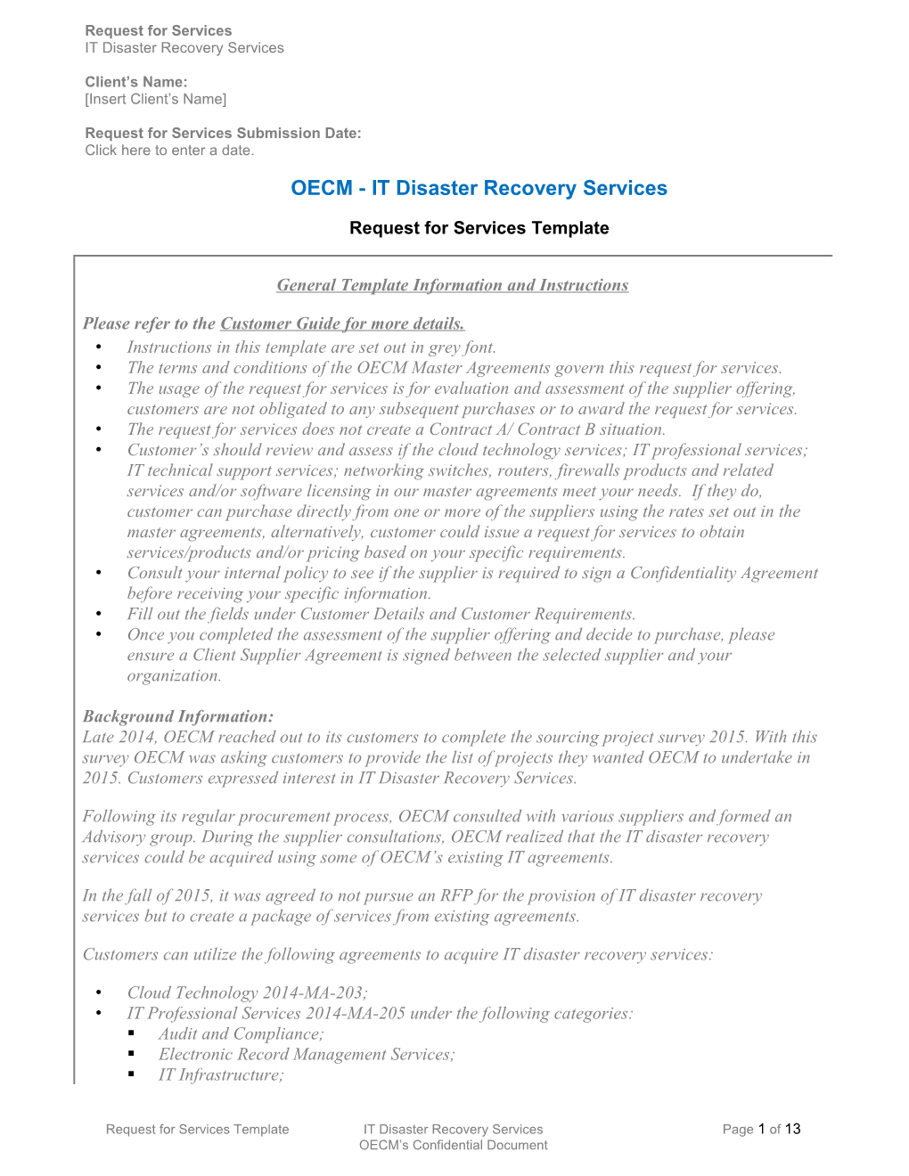 OECM - IT Disaster Recovery Services