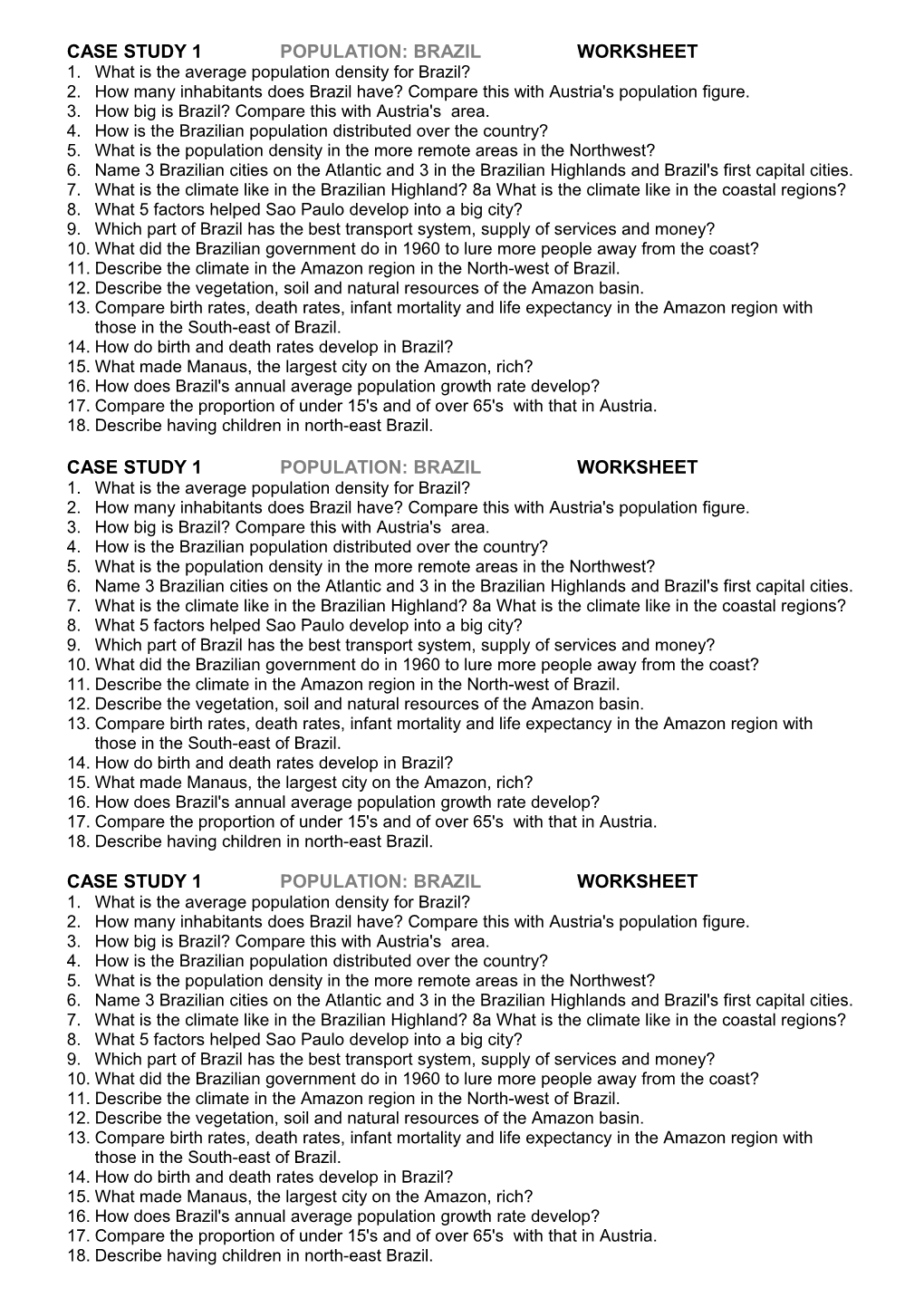 Case Study 1 Population: Brazil Worksheet