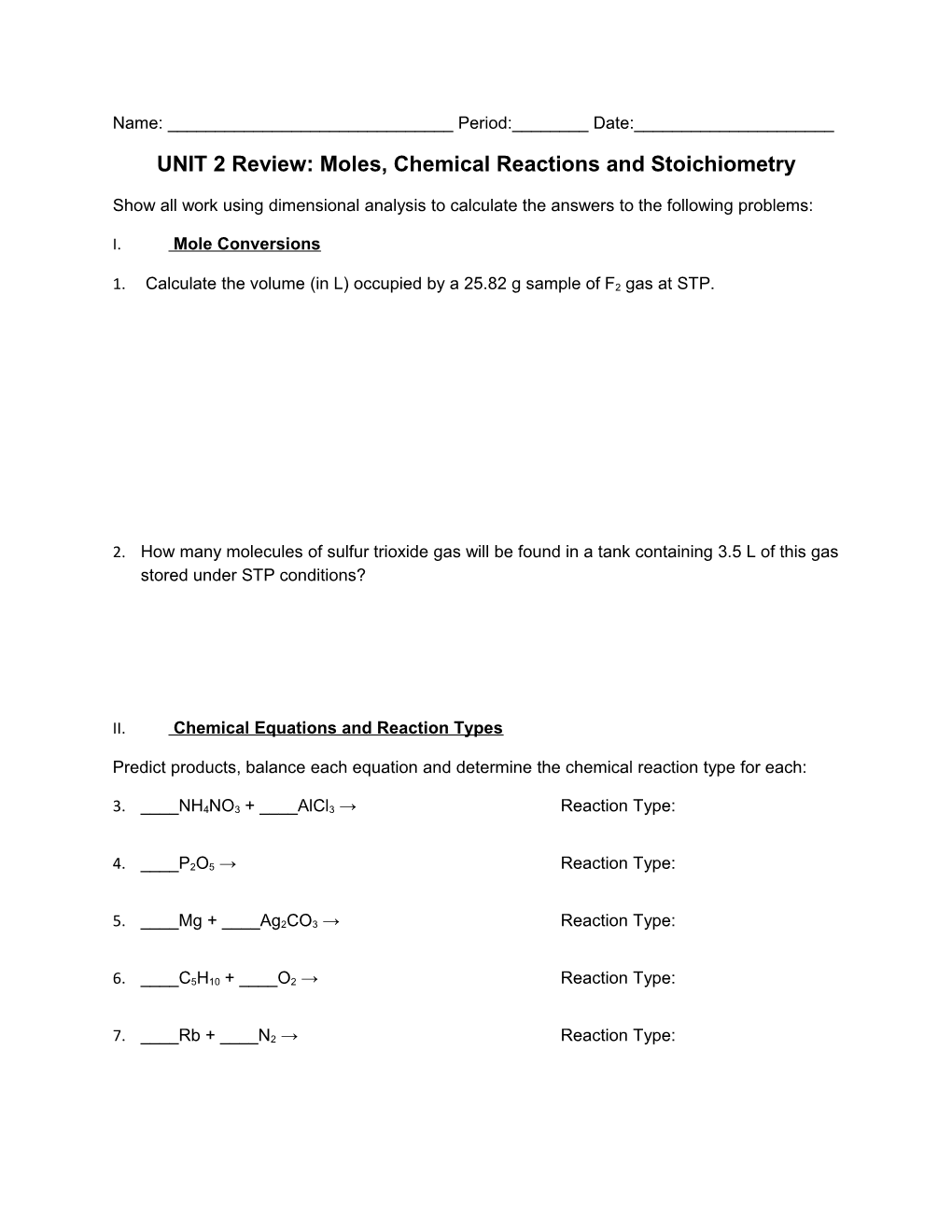 UNIT 2 Review: Moles, Chemical Reactions and Stoichiometry