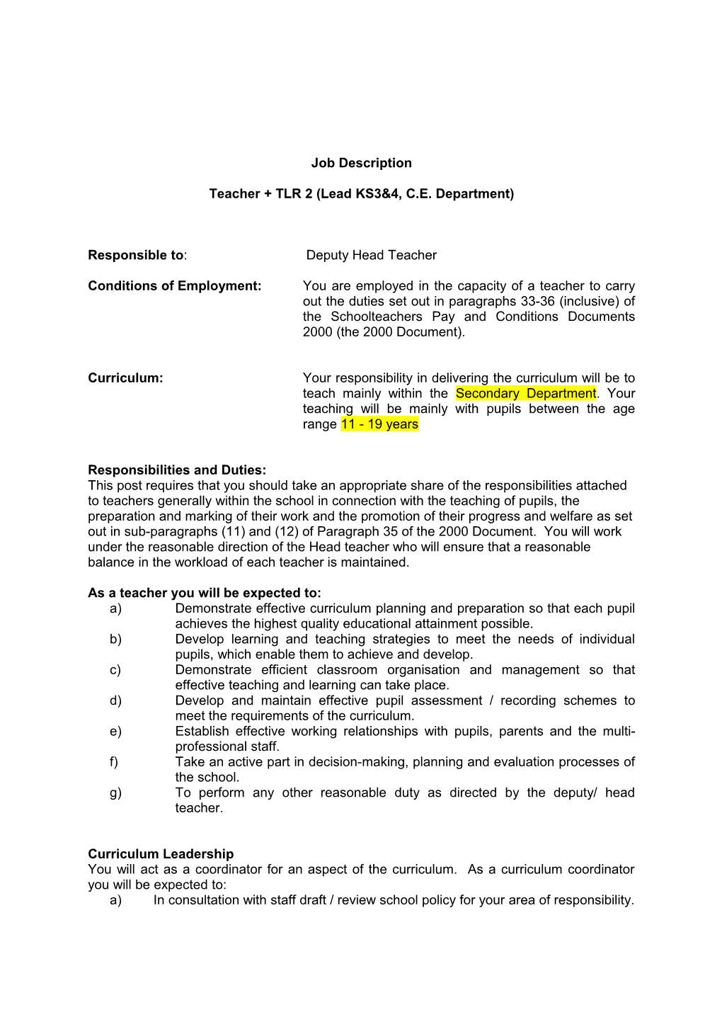 Teacher + TLR 2 (Lead KS3&4, C.E. Department)