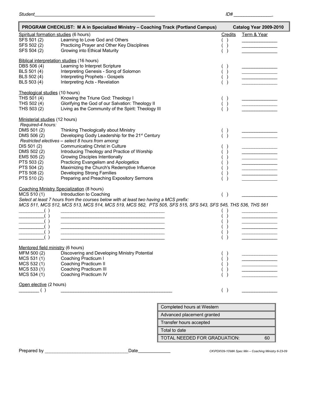 Spiritual Formation Studies (6 Hours) Credits Term & Year