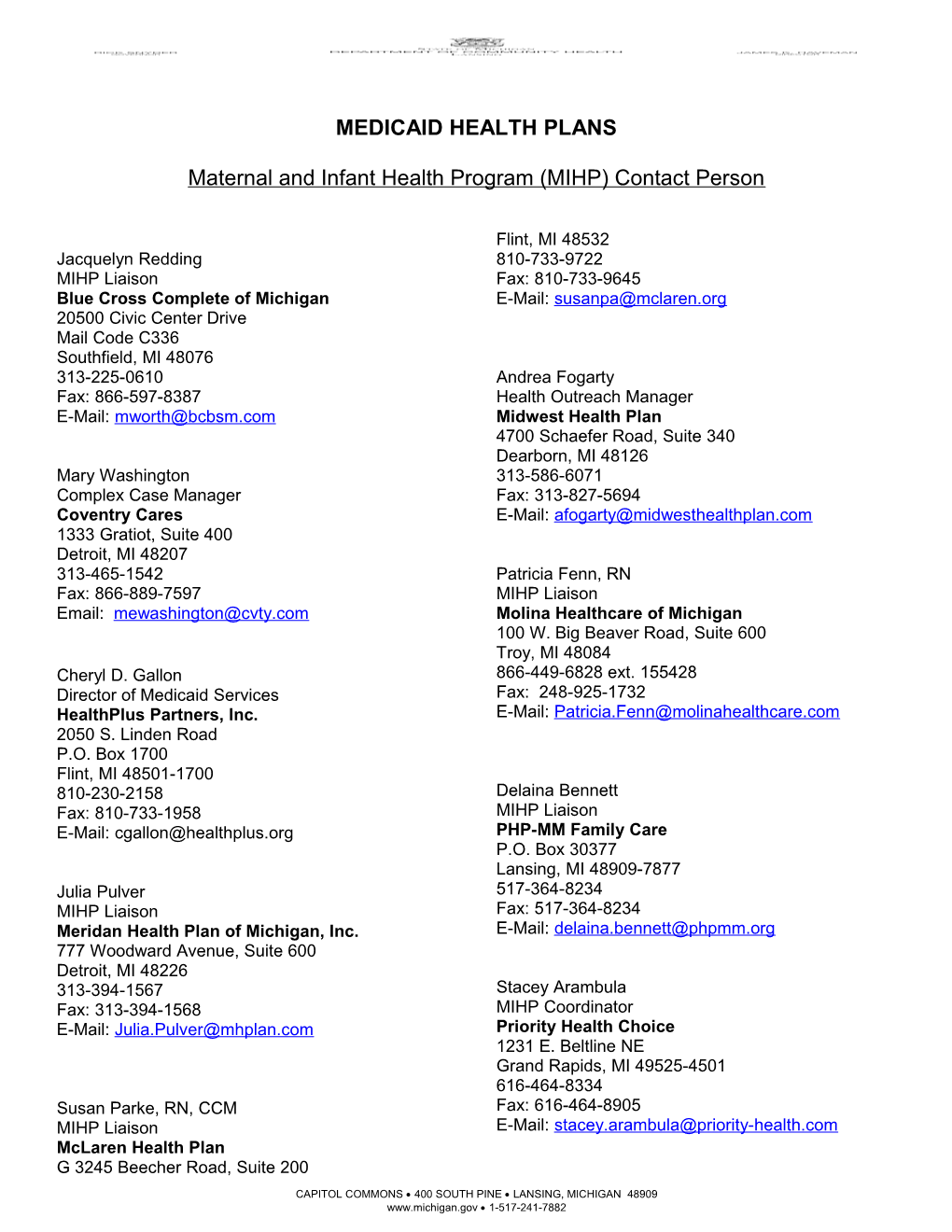 Maternal and Infant Health Program (MIHP) Contact Person