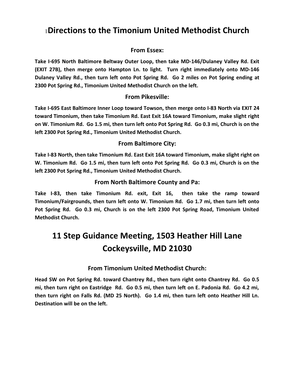 Directions to the Timonium United Methodist Church