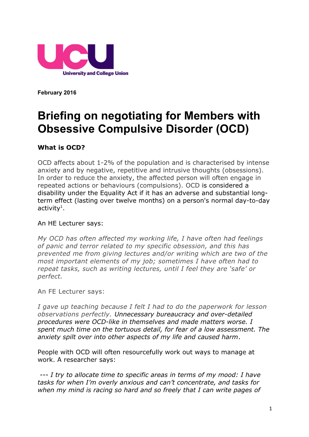 Briefing on Negotiating for Members with Obsessive Compulsive Disorder (OCD)