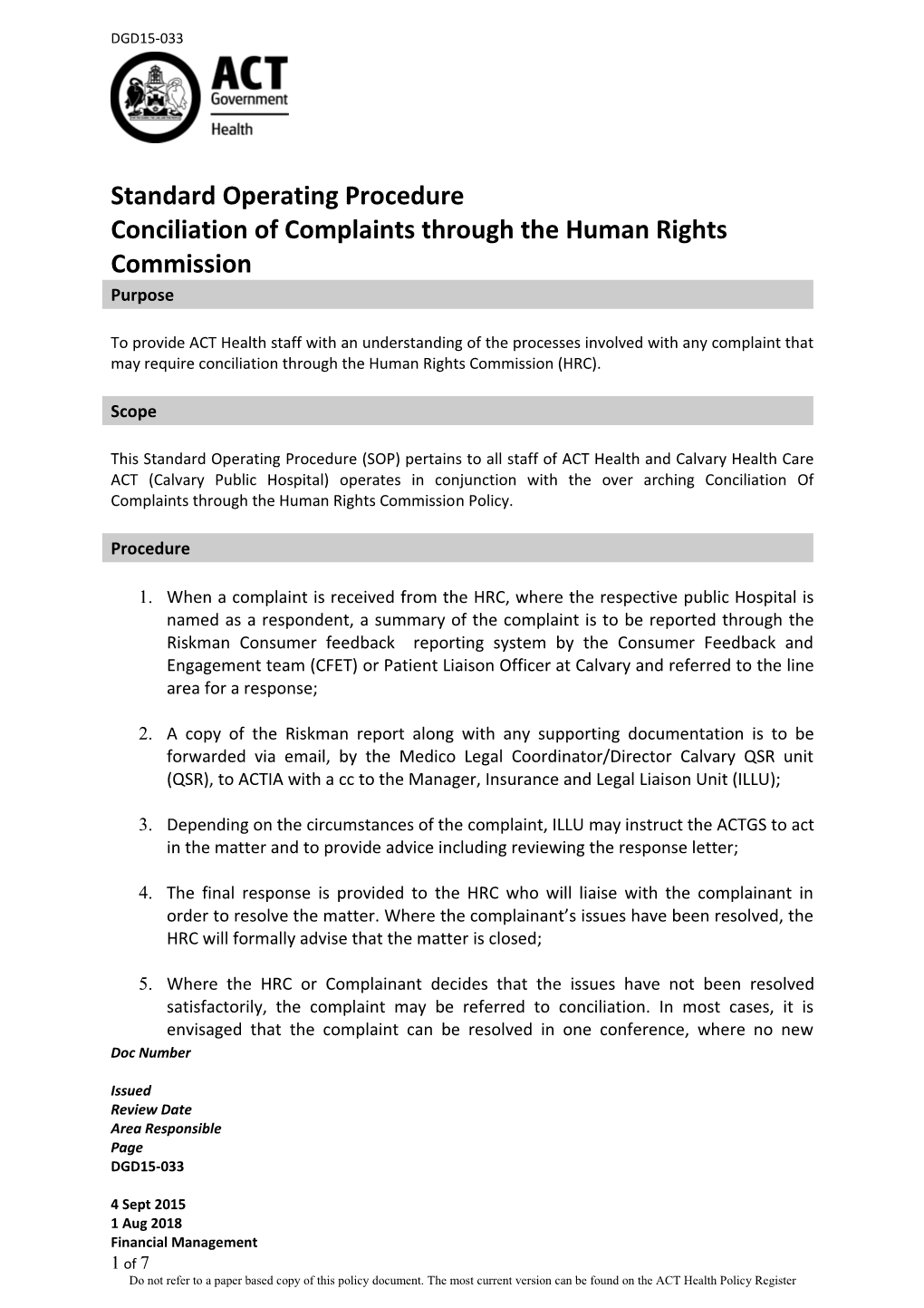 Conciliation of Complaints Through Human Rights Commission SOP