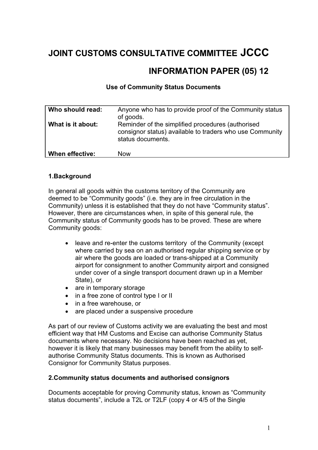 Joint Customs Consultative Committee (JCCC) Paper (04) 2X