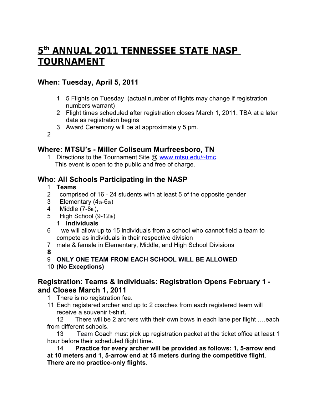 5Th ANNUAL 2011 TENNESSEE STATE NASP TOURNAMENT