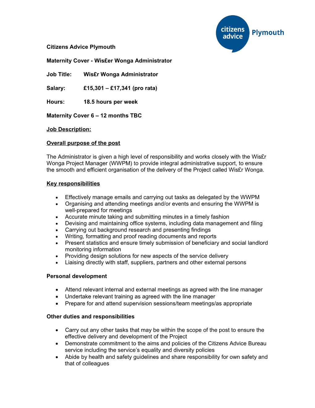 Specialist Adviser and Caseworker Job Description and Person Specification