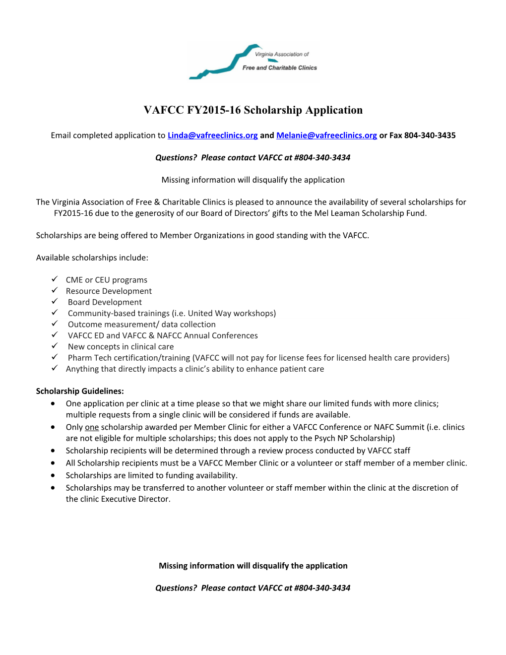 VAFCC FY2015-16 Scholarship Application