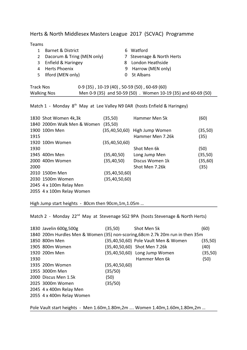 Herts & North Middlesex Masters League 2017 (SCVAC) Programme