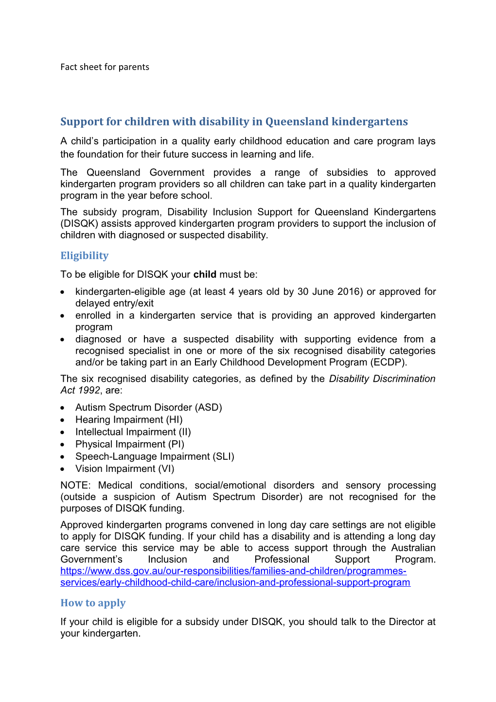 Support for Children with Disability in Queensland Kindergartens